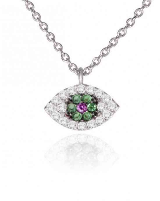 Necklace with eye and synthetic stones, K14 white gold NECKLACES