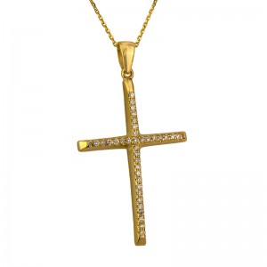 Σταυρός Κ18 με διαμάντια και αλυσίδα, κίτρινος χρυσός.