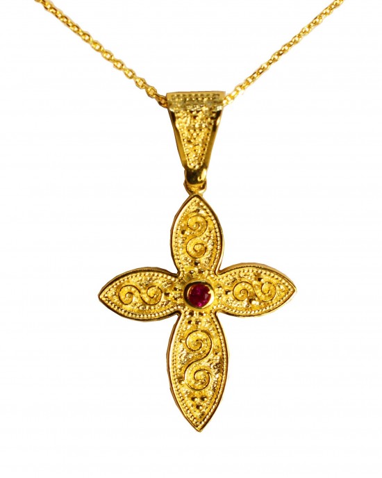 Σταυρός Κ14 με κόκκινη πέτρα και αλυσίδα, κίτρινος χρυσός. ΒΑΠΤΙΣΗ ΓΙΑ ΚΟΡΙΤΣΙ