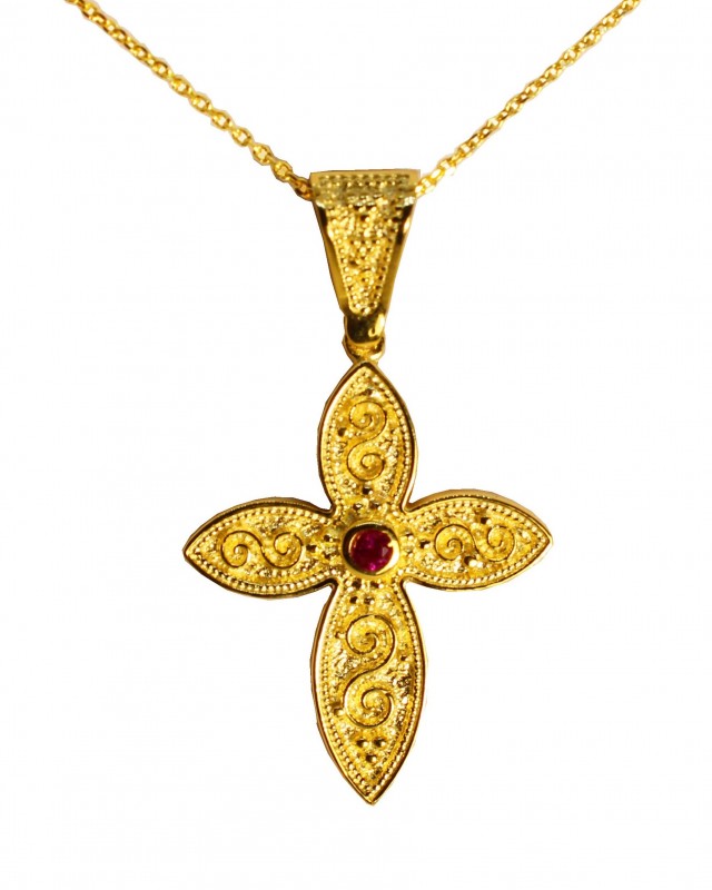 Cross K14 with red stone and chain, yellow gold.