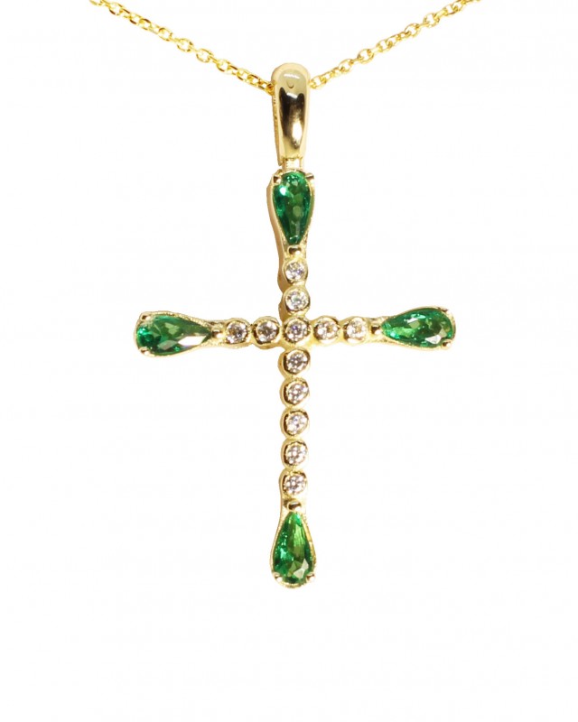 Cross K14 with zircon and chain, yellow gold.