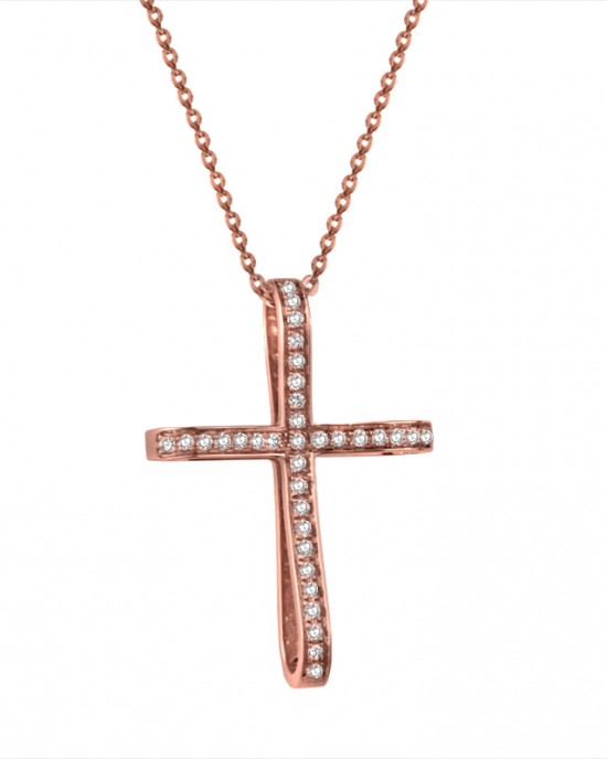 Γυναικείοι Σταυροί - Σταυρός Κ18 με διαμάντια και αλυσίδα, ρόζ χρυσός. ΒΑΠΤΙΣΗ ΓΙΑ ΚΟΡΙΤΣΙ