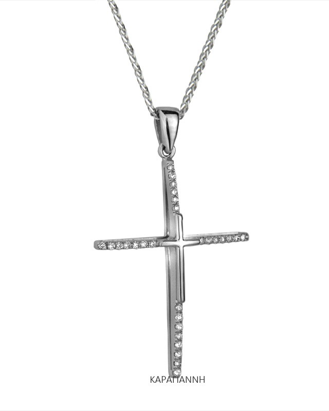 Cross K18 with diamonds and chain, white gold 