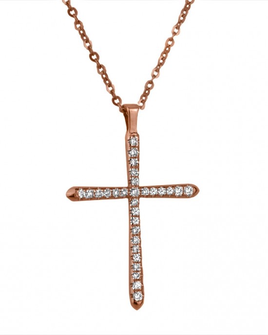 Γυναικείοι Σταυροί - Σταυρός Κ18 με διαμάντια και αλυσίδα, ρόζ χρυσός. ΒΑΠΤΙΣΗ ΓΙΑ ΚΟΡΙΤΣΙ