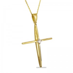 K18 cross with diamonds and chain, yellow gold.