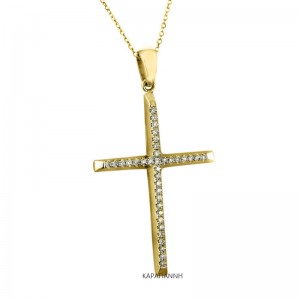 K18 cross with diamonds and chain, yellow gold.