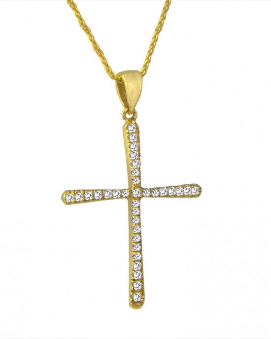 Γυναικείοι Σταυροί - Σταυρός Κ18 με διαμάντια και αλυσίδα, κίτρινος χρυσός. ΒΑΠΤΙΣΗ ΓΙΑ ΚΟΡΙΤΣΙ